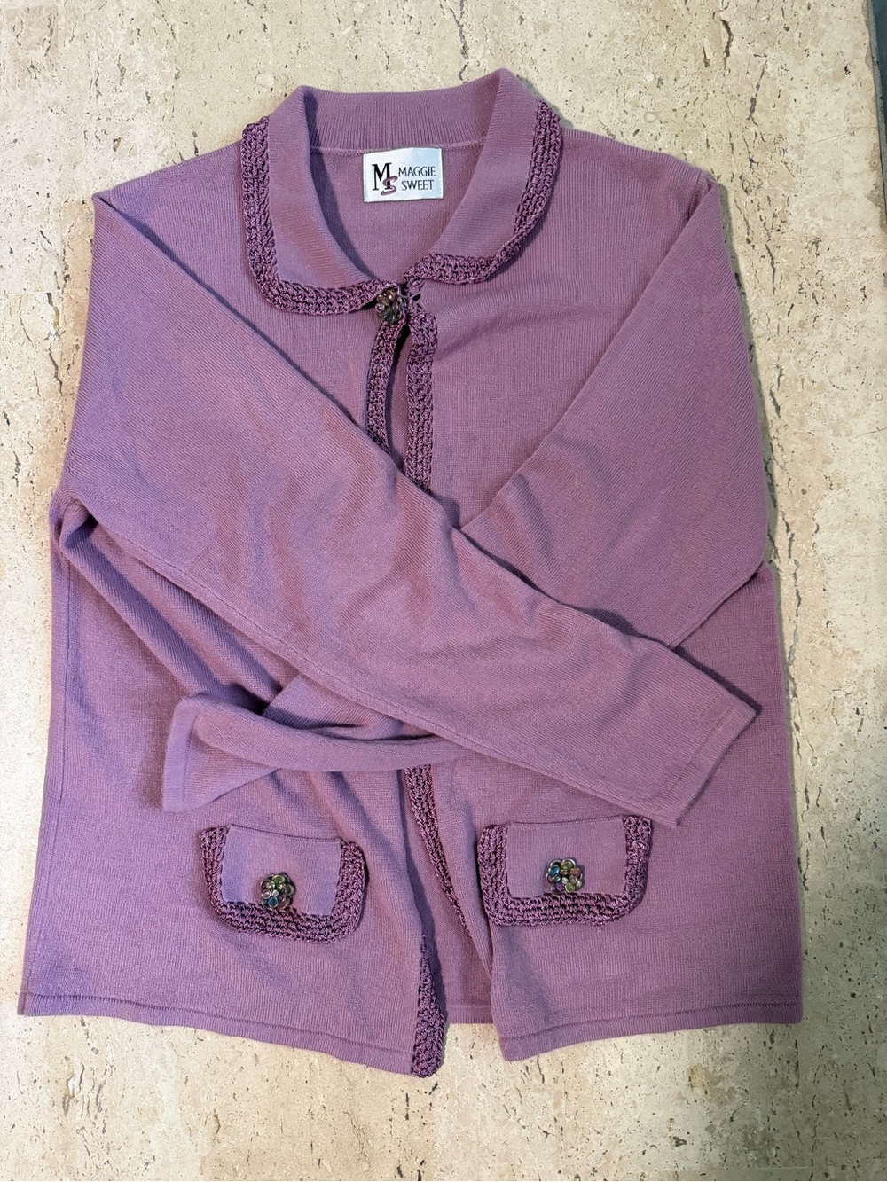 Maggie Sweet Acrylic Bling Crochet Soft Open Sweater Cardigan Size Lg Lavender